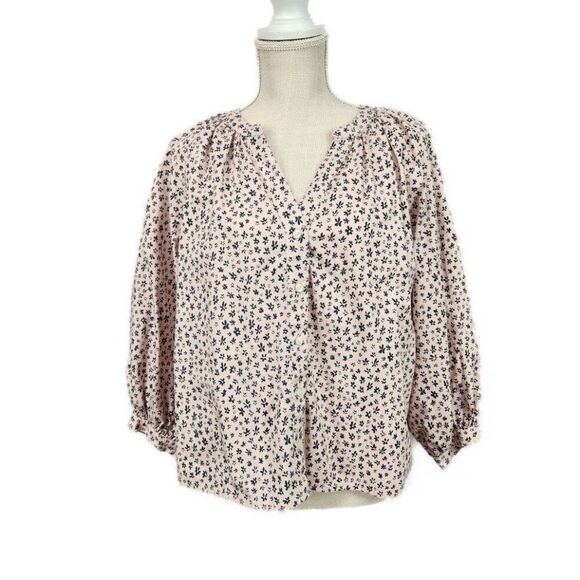 Levi's Lainey Relaxed Fit Blouse Womens Size M 3/4 Puff Sleeve Pink Floral Shirt - Picture 1 of 8